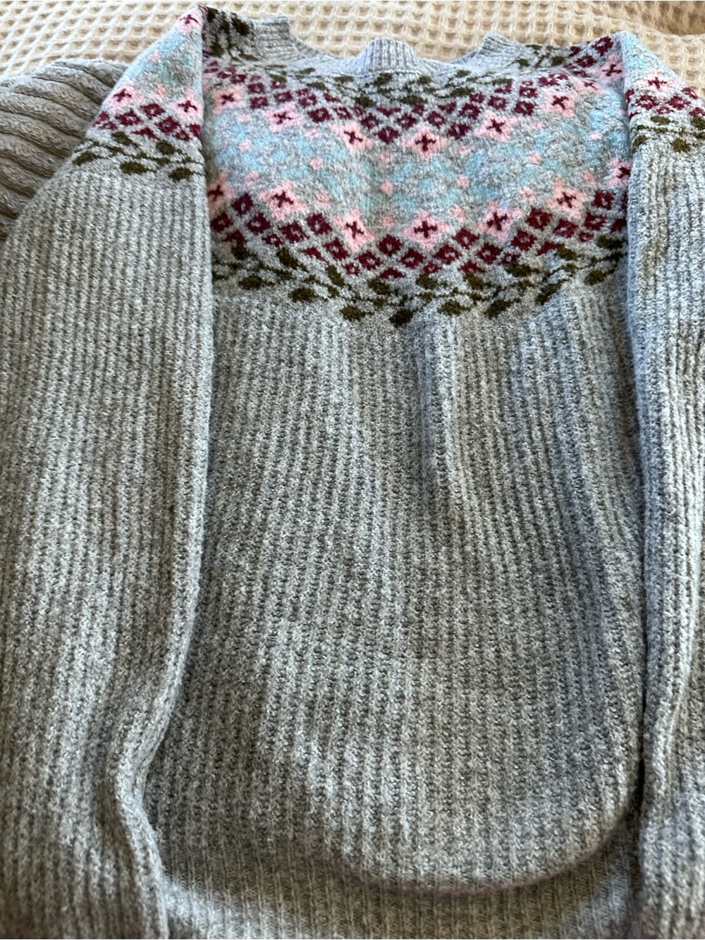 Gray Fair Isle Yoke Sweater - Women's Cozy Knit
